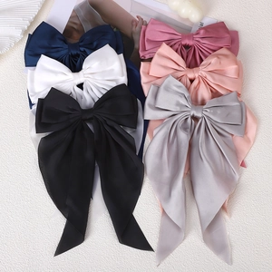 Large Satin Bow Hair Clips For Women Girls Elegant Lolita Hair Bows With Long Ribbons Solid Color Duckbill Clip Accessories