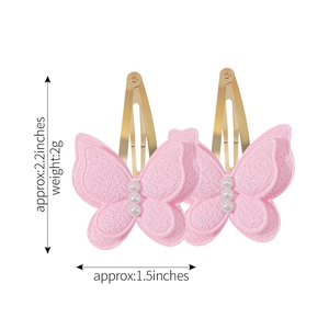 Double-layer pink glitter butterfly hair clips with pearls and golden metal base