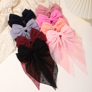 Large Mesh Bow Hair Clip With Long Streamers Polka Dot Tulle Hair Bows Sweet Hair Accessories For Kids Girls