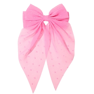 Pink sheer mesh bow hair clip with textured polka dots and long ribbons for girls