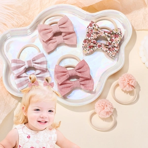 Kids Bow Hair Ties Baby Girls Fabric Flower Elastic Ponytail Holder Ribbon Pom Pom Hair Bands Hair Accessories