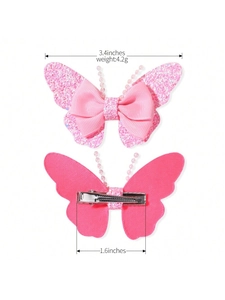 Detail of pink glitter butterfly hair clips with dimensions 3.4 inches and 4.2g weight