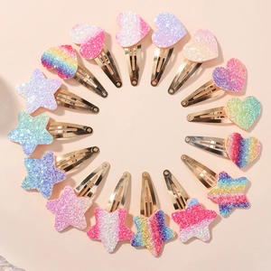 Glitter star and heart shape hair clips set with gold BB clips for girls in rainbow colors