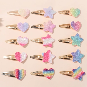 15-piece set of glitter heart and star shape BB clips for girls in pastel gradient colors