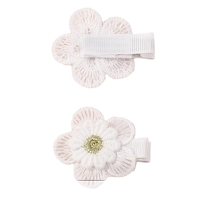 Cute white lace daisy flower hair clips set with golden glitter center for girls