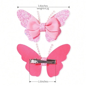 Pink glitter butterfly hair clip for girls with pearl detail and metal duckbill clip
