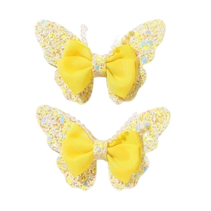 Sparkly yellow butterfly bow hair clips for kids with sequins and small white beads