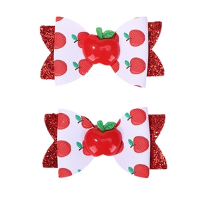 Cute red apple glitter hair clips with layered bows and doughnut patterns for girls