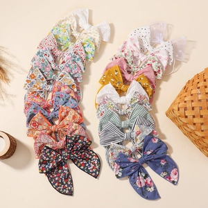 Barrettes à Cheveux en Tissu de Coton Floral Avec Pinces Croco en Métal Noeuds à Pois Rayés en Dentelle pour Enfants