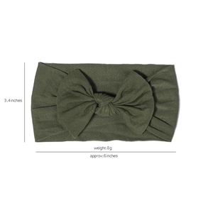 Olive green nylon baby headband with a large bow showing 6x3.4 inch size dimensions