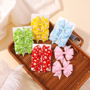 Barrettes à Nœud Imprimé Marguerite en Poliester Fait à la Main pour Filles Ruban Gros-Grain Clip Bec de Canard Enfant