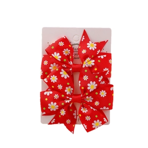 Nœuds à cheveux rouges en gros-grain avec imprimé marguerites pour filles, lot de 2