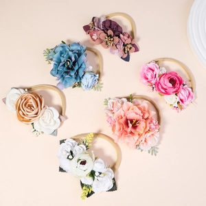 Detailed set of six colorful floral headbands for baby girls with soft nylon bands