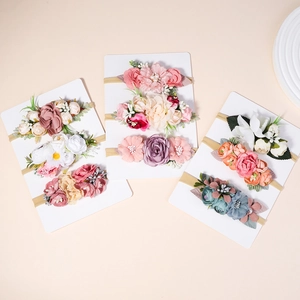 Floral baby headband set with soft nylon bands and artificial silk flowers for photography