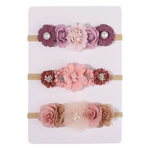 Three-piece set of handmade floral baby headbands with pearls and nylon elastic bands