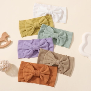 Lot de six bandeaux élastiques pour bébé en nylon doux avec grands nœuds en maille côtelée