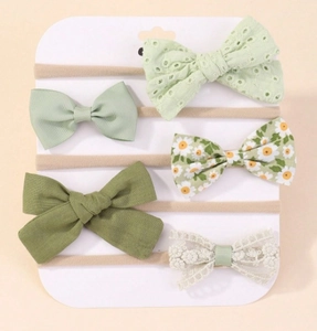 Set di 5 fasce per neonati in nylon morbido con fiocchi verdi e motivi floreali