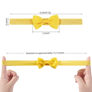 Bandeau élastique jaune à nœud pour bébé avec détails de taille et d'extensibilité