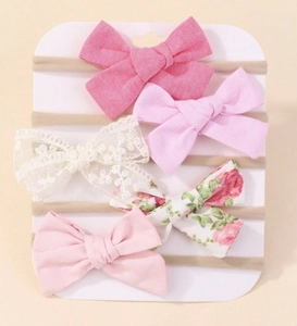 Set di 5 fasce per capelli neonato in nylon morbido con fiocchi rosa e floreali
