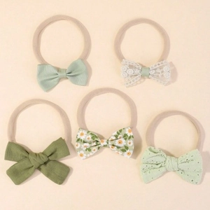 Set di 5 fasce per capelli neonato in nylon con fiocchi in tessuto verde bosco