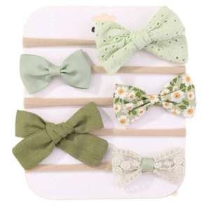 Set di 5 fasce per neonati in nylon verde con graziosi fiocchi e dettagli in pizzo