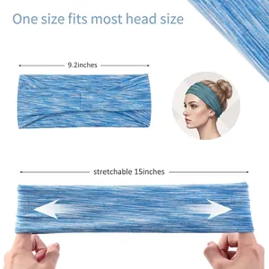 Blaues Space-Dye Sport Stirnband für Damen mit Größenübersicht und Dehnungsinformationen