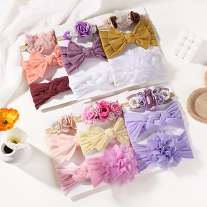 Ensemble de Bandeaux en Nylon pour Bébé Fille Bandeau Élastique Doux Avec Fleur en Tissu Et Nœud Papillon Accessoire