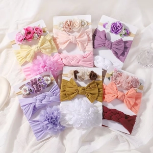 Bandeaux bébé en nylon élastique avec fleurs en tissu et nœuds, lot multicolore