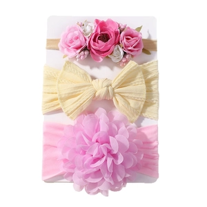 Lot de trois bandeaux bébé en nylon avec fleurs roses et nœud papillon jaune