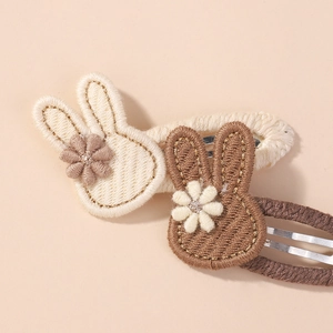 Cute embroidered rabbit hair clips set for girls with floral details in white and brown