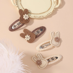 Cute bunny embroidery hair clips set with four pieces in beige and dark brown colors