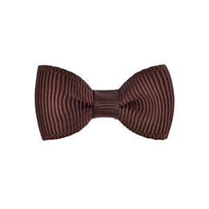 Detail view of coffee brown ribbed ribbon bow hairclip showing texture and symmetrical craft