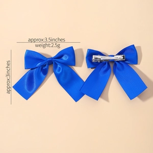 Blue satin bow hair clips set for girls with metal alligator grip and size dimensions