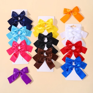 Colorful set of double-layered satin bow hair clips with long streamers for girls