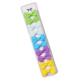 Set of 10 solid color ribbon bow hair clips for girls on white display card