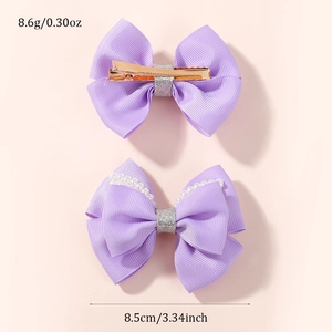 Lavender bow hair clips set with silver glitter and faux pearls for girls and parties