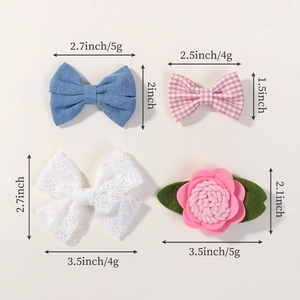 Kinder Haarspangen Set mit Jeansschleifen, Spitzenschleifen und Stoffblumen Motiven