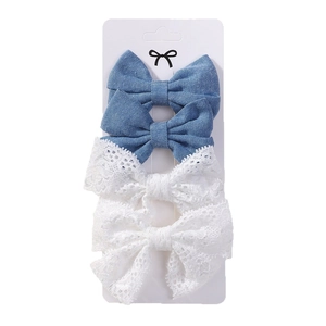 4-teiliges Kinder-Haarclip-Set mit blauen Denim-Schleifen und weißen Spitzen-Designs