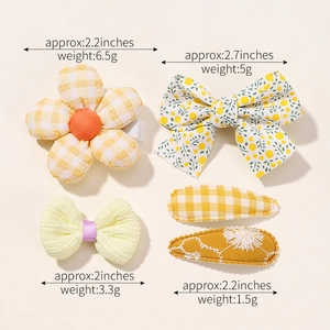 5-piece baby girl hair clip set with floral bows and rabbits in yellow checkered patterns