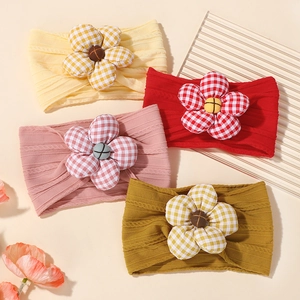 Soft Elastic Infant Baby Headband Ribbed Knit Hair Band With Large Gingham Flower Bow Hair Accessories For Toddler Girls