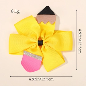 Nœud de cheveux fait main en ruban jaune 12,5 cm avec design crayon pour enfants