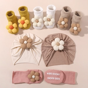 Baby Turban Mütze Und Anti Rutsch Socken Mit Großer Blume Säugling Baumwolle Beanie Kappe Und Boden Socken Kleinkind Geschenk