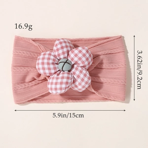 Pink high elasticity nylon baby headband with a large red and white checkered fabric flower