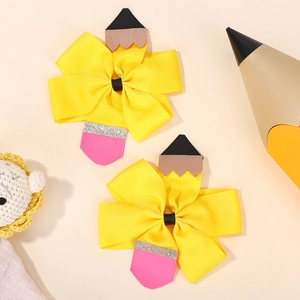 Barrette à Cheveux Créative en Forme de Crayon Nœud Fait à la Main Ruban Gros-Grain Jaune Accessoires de Coiffure pour Filles