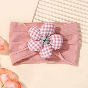 Bandeau élastique rose en nylon pour bébé avec une grande fleur en tissu à carreaux rouge et blanc