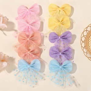 Set of 10 glitter mesh bow hair clips in pink yellow purple and blue for girls
