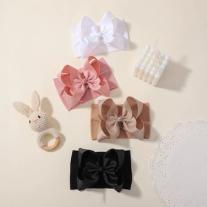 4-pack baby headband set with large ribbed bows in white pink brown and black colors