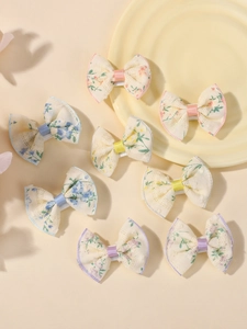 Set of 8 floral embroidery bow hair clips in pastel lace colors with metal alligator clips