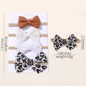 4-pack baby bow headbands featuring leopard print, lace, and brown leather styles