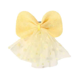 Charming yellow mesh bow hair clip for girls with glitter accents and polka dot details